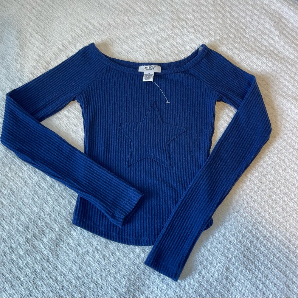 NWOT Just Polly Cobalt Blue Star Ribbed Long Sleeve Top